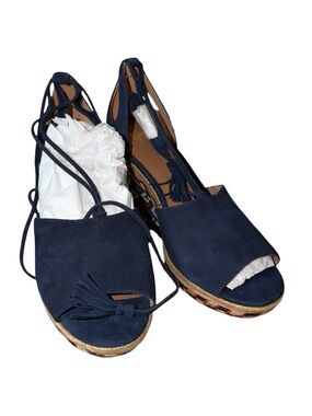 CAbi Navy Suede Espadrille Wedges with Tassel Ankle Tie